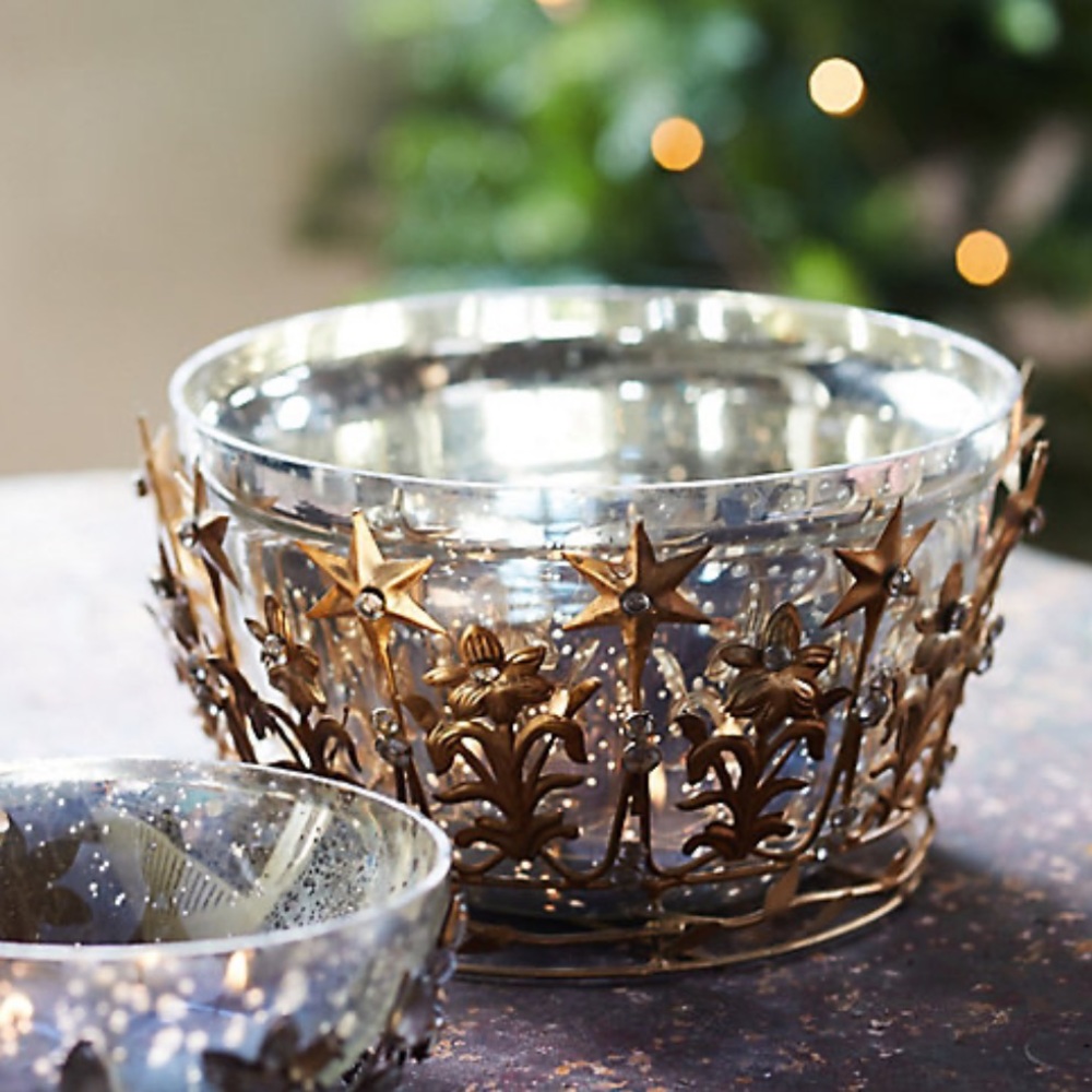 Anthropologie Terrain Large Starry Crown Metal & Mercury Glass Candle Holder New